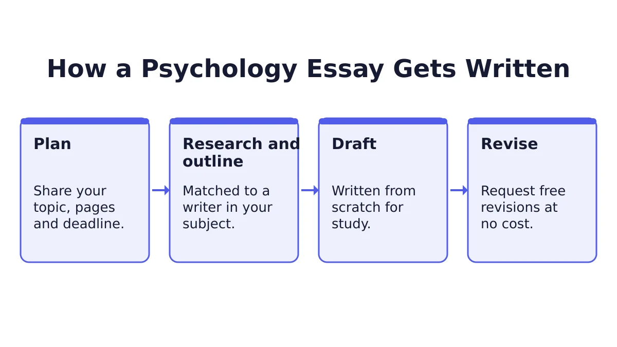 Best Psychology Essays paper writers. 2 Process diagram for writing Psychology Essays in four steps: plan, research and outline, draft and revise