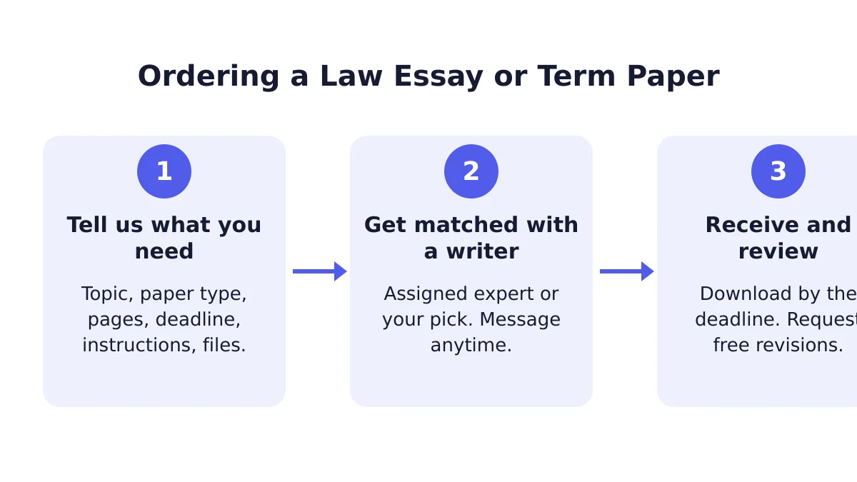 Three-step process diagram for ordering a professional Law Essay/Term Paper